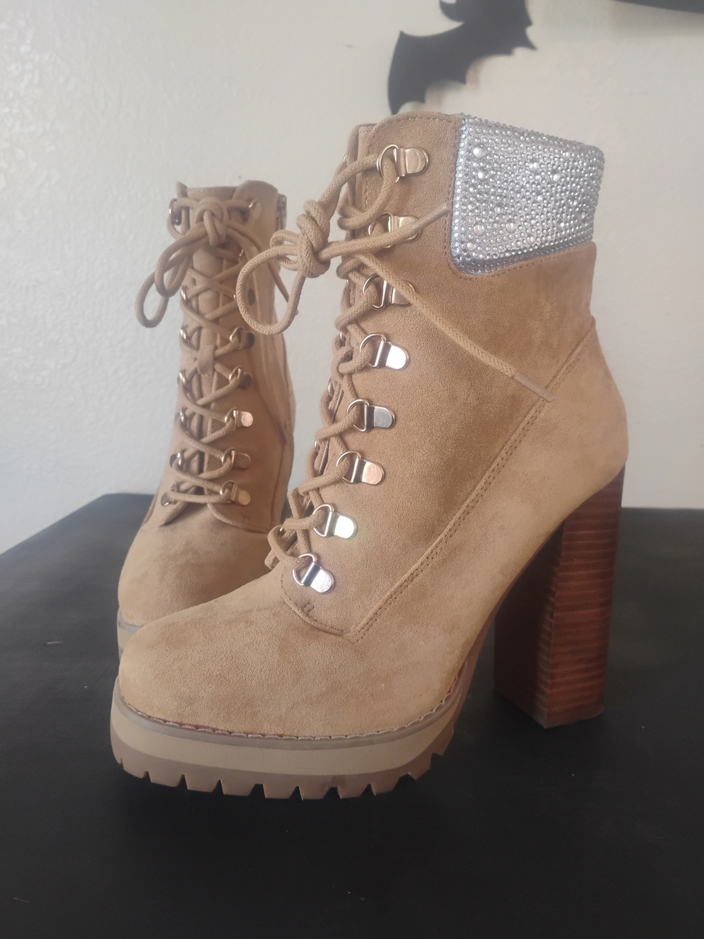 Steve Madden Tan Suede Lace-Up Ankle Boots with Silver Crystal Cuff